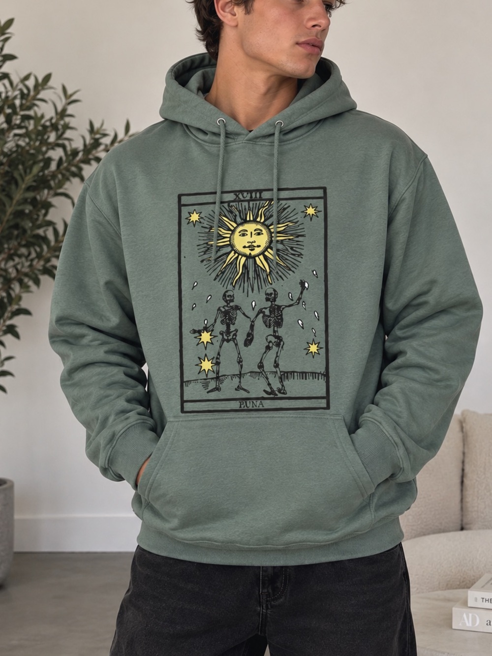 NWT RVCA Men's Green Hoodie Graphic Sun Tarot Card Skeletons Pullover Sweatshirt